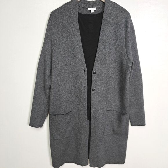 J Jill Long Sweater Jacket Large Dark Gray Knit Cardigan Button Up Pockets - Picture 1 of 8